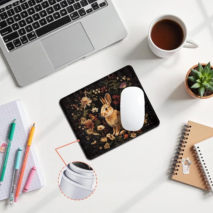 Vintage Floral Bunny Mouse Pad, Gifts for Bunny and Rabbit Lovers, Dark Cottagecore Moody Flower Rabbit Mouse Pad for Home Office Computer Gaming Desk Essentials, 9.5x7.9 Inch