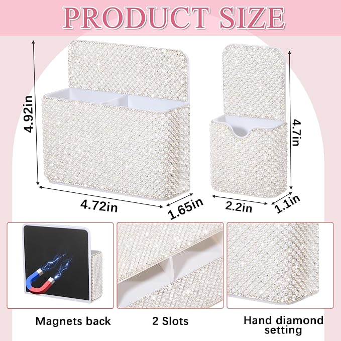 MotiMind 2 Pcs White Bling Magnetic Marker Holder Women Girl Locker Accessories Marker Pen Pencil Holder for Refrigerator Whiteboard Sparkly Gift Desk Organizer for School Office (Pearl)