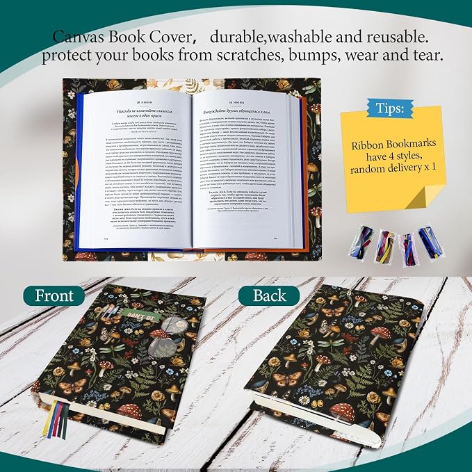 Boho Butterfly Mushroom Book Cover for Hardcover Paperback,Adjustable Soft Canvas Fabric Book Protector with Pocket Bookmark,Double Side Floral Print Book Dust Jacket Covers for Book Lovers Gift L