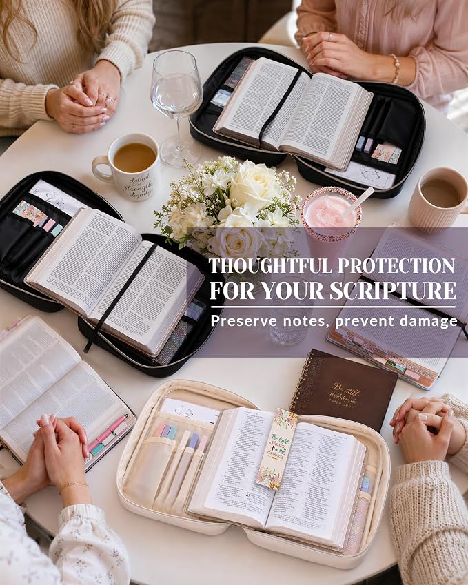 XKDOUS Quilted Leather Bible Cover Case for Women, Zippered Bible Carrying Bag with Study Supplies and Accessories, Waterproof Bible Organizer Holder for Church and Daily Use (Purple & Black)