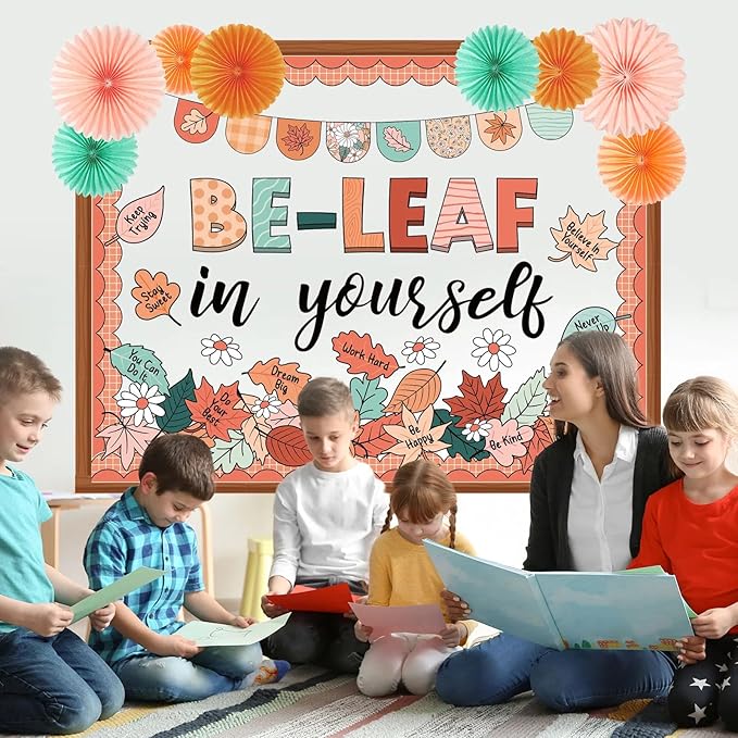 Containlol 77 Pcs Fall Thanksgiving Bulletin Board Decoration Thanksgiving Fall Maple Leaves Bulletin Board Set Be-Leaf in Yourself Boho Classroom Decor with 3D Paper Fans Cutouts for Autumn Decor