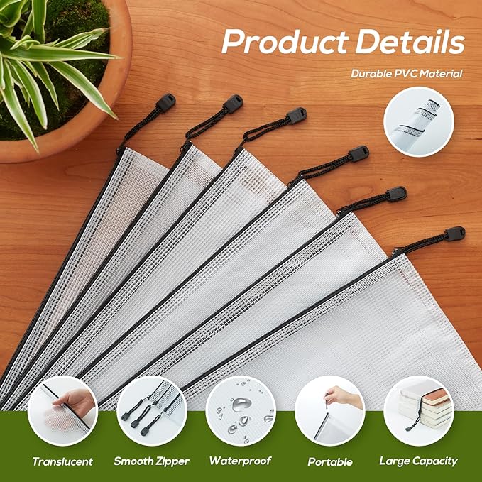Mesh Zipper Pouch, 20PCS Waterproof Zipper Bags A4 Size Plastic Document Folders for School Supplies, Office Appliances, Home Organize and Travel Storage (Black)