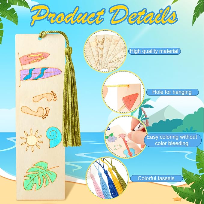 AmazingSpark 100 Pcs Hawaiian Wood Bookmarks Bulk DIY Crafts Kit, 50 Set Summer Blank Coloring Bookmarks with Tassel for Classroom Reward Gifts, End of Year Gifts, Luau Birthday Party Favor