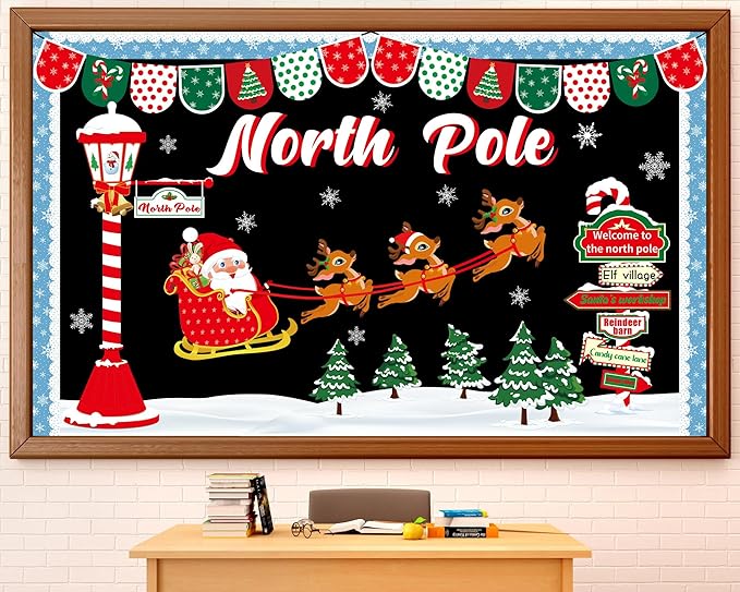 Christmas Bulletin Board Decoration Set North Pole Sign Classroom Decorations Santa Reindeer Xmas Elk Snowflakes Paper Cutouts for Winter Holiday Party School Classroom Home Chalkboard Wall Decor
