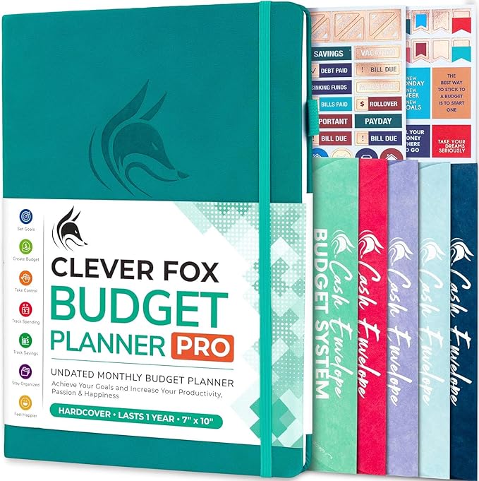 Clever Fox Budget Planner Pro - Financial Organizer + Cash Envelope Budget System. Monthly Finance Journal, Expense Tracker & Personal Account Book. Undated - Start Anytime. (7''x10'') – Turquoise