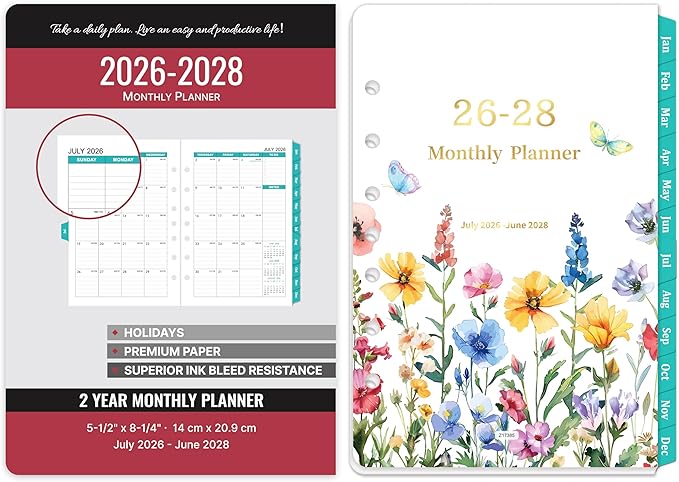 2026-2028 Monthly Planner Refill - 7-Hole Punched, A5 Planner Inserts, from Jul. 2026 - Jun. 2028, Planner Refills with 7-Hole Punched, 5-1/2" x 8-1/2", Two Pages Per Month,Monthly Tabs
