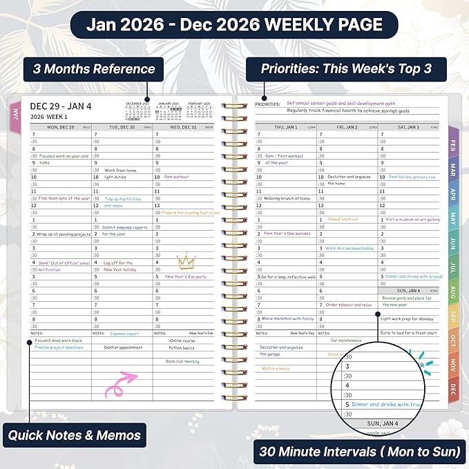 2026 Appointment Book, 30 Minutes-Hourly, Weekly ＆ Monthly Calendar Planner 2026, Jan 2026 - Dec 2026, 6.2'' x 8.4'', 2026 Daily Planner with Tabs ＆Pocket, Flexible Cover, Great for Office, Home, School