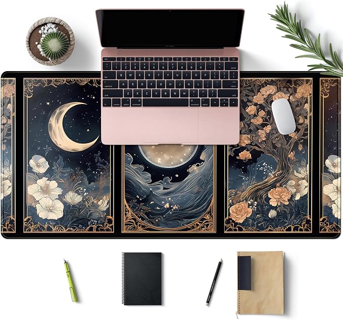 Celestial Lunar Nature Tarot Card Desk Mat Moon Floral Large Mouse Pad XXL 31.5''X 15.7'' Witch Night Botanical Desk Pad Gaming Mousepad Keyboard Mouse Mat for Laptop Computer Office Decor Gift