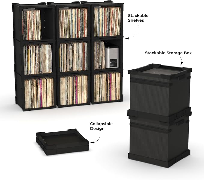 HumminGuru FlexiCube Vinyl Record Storage Box – Stackable Organizer for 12” Records, Holds 70 LPs | Modular Vinyl Shelf & Collapsible Storage Crate. Durable & Portable Space-Saving Design (3 Cubes)