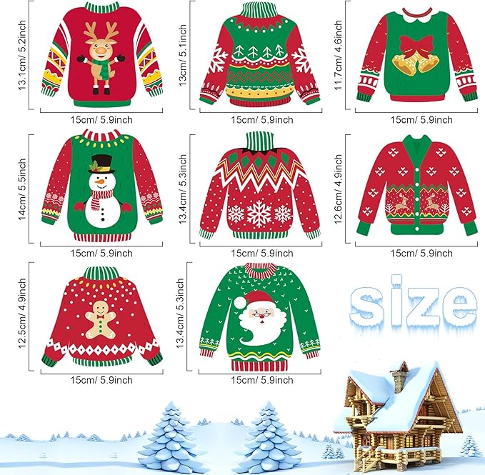 40 Pieces Ugly Sweater Cutouts Christmas Decoration Ugly Sweater Cardboard Cutouts with Glue Point Dots for Bulletin Board Party Holiday Party Decoration, 5.9 x 5.9 Inch