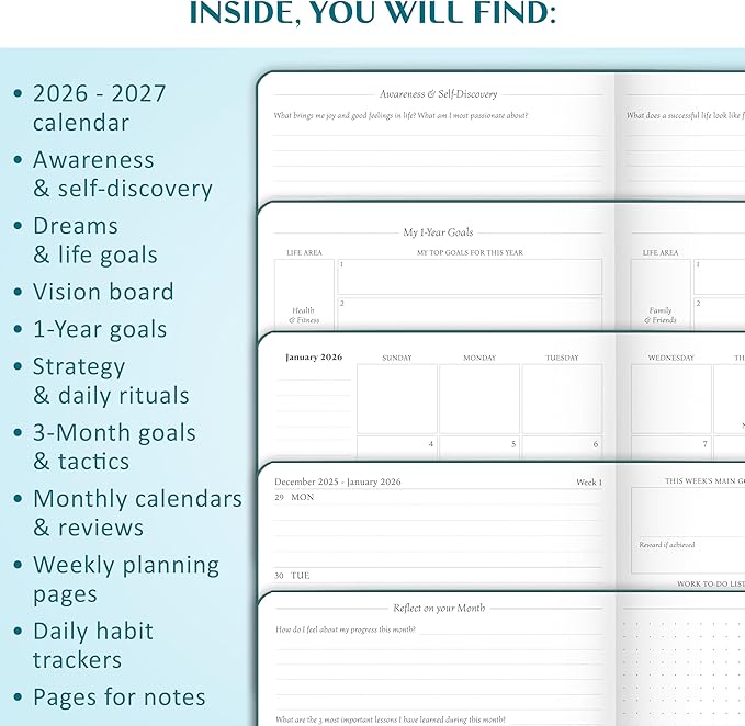 Legend Planner Jan 2026 – Jan 2027 Dated Weekly & Monthly Planner to Hit Your Goals, Increase Productivity & Live Happier. Organizer Notebook & Productivity Journal. A5 Hardcover (Dark Teal)