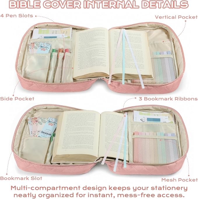 XKDOUS Quilted Bible Cover Case with Bible Study Accessories Kit, Waterproof Large Capacity Bible Bag for Women Men, Portable for Church Study, Multiple Morandi Color Options (Pink)