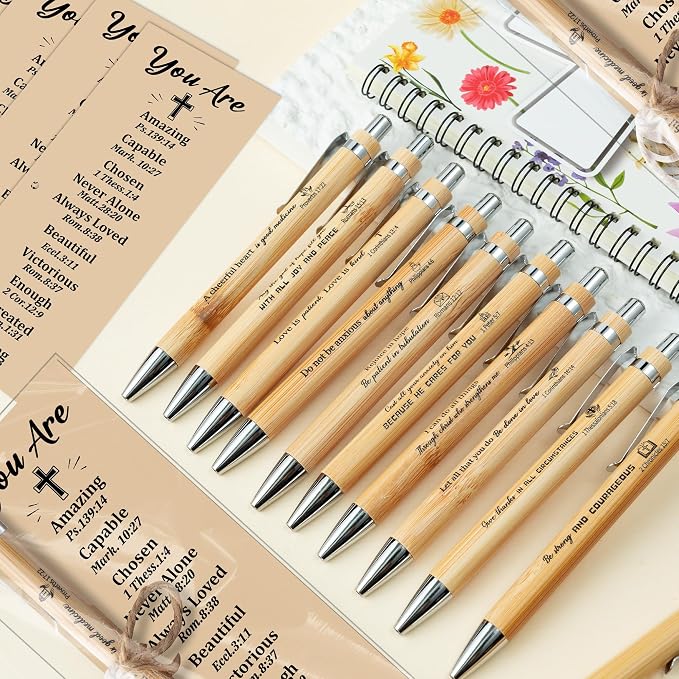 Haooryx Christian Bible Pen Bookmark - 20-Piece Christian Bible Verse Bamboo Inspirational Pens Bookmark Set You are Amazing Scripture Biblical Bookmark Church Multi-Item Party Favor Packs Gifts Bulk