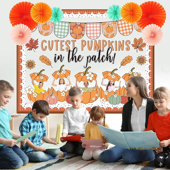 Containlol 71 Pcs Thanksgiving Bulletin Board Classroom Decoration Thanksgiving Fall Bulletin Board Set Autumn Pumpkin DIY Craft Photo 3D Paper Fans Cutouts for Fall School Classroom Home Decor