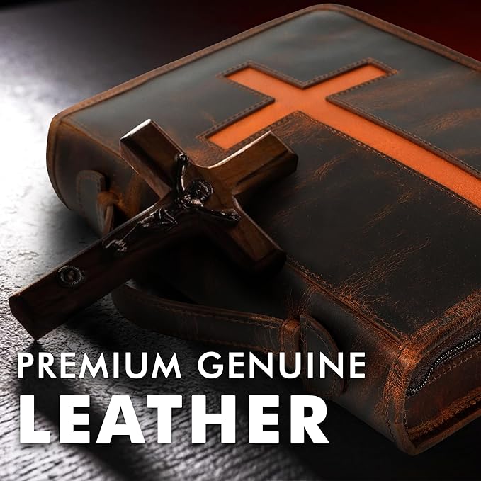 ELIZO Leather Bible Cover Case for Men Women Genuine Leather Bible Bag Holder Cross Large Carrying with Zipper Case Protector Christian Religious Gifts for Mens Timber Study