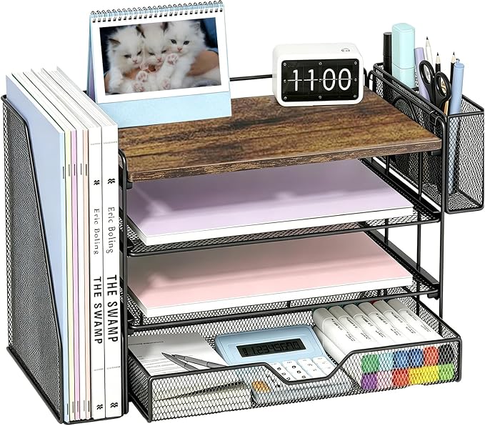 OPNICE Wood Desk Organizers and Accessories, 4-Tier Desktop Paper Letter Tray Organizer with Drawer and Pen Holders, Office Desk Accessories & Workspace Organizers for Home Office Supplies, Brown Wood