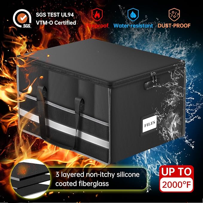 ENGPOW Fireproof Document Box with Lock, File Storage Organizer Box with Inserts ＆Mesh Pockets, Collapsible Portable Large Filing Cabinet Safe for Hanging Both Letter and Legal Folders(19"x16"x11")