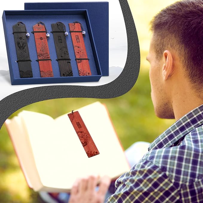 Outus 4 Pieces Wooden Bookmarks for Men Women Employee Father's Day Appreciation Gifts for Men Back to School Gifts Vintage Handmade Natural Carving for Book Lovers Birthday(Elegant Style)