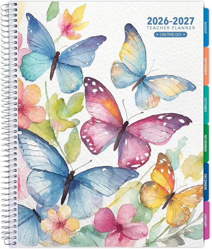 LITE TEACHER PLANNER - Aug 2026-Jul 2027, 8.5" x 11" Daily Weekly Monthly Organizers - Includes 7 Periods, Dated Calendar, Page Tabs, Bookmark, and Planning Stickers (Watercolor Butterflies)