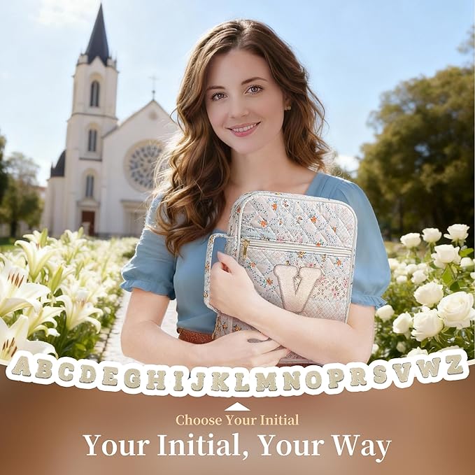 Personalized Initial Bible Cover Case for Women – Large Quilted Bible Bag with Handle, Chenille Letter, Bible Study Kit, Christian Gift for Mom, Grandma & Daughter (Patchwork Floral-V)