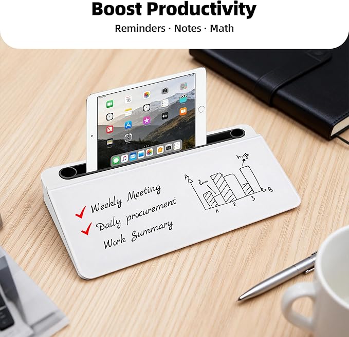 Desktop Whiteboard, Glass Dry Erase Board, Desk Board Buddy,Computer Keyboard Stand,Desk Whiteboard Organizer for Home,Office,School Supplies(Black & White)