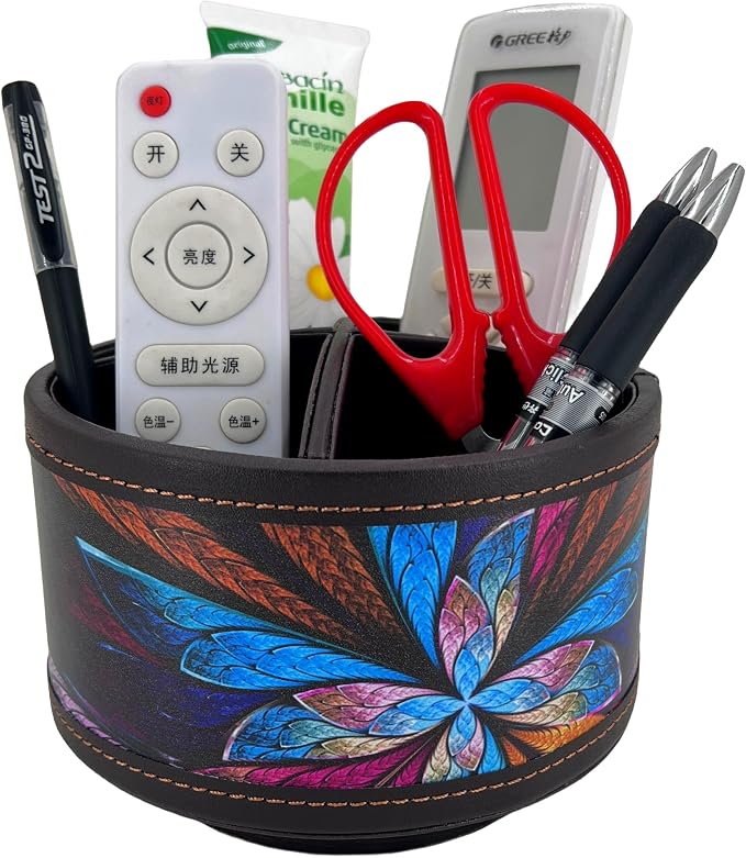 PU Leather Round TV Remote Control Holder for Table,360° Swivel Office Supply Desktop Organizer,4 Compartments Phone/Pen/Pencil Holder,Suitable for Stationery/Heater Controllers Etc