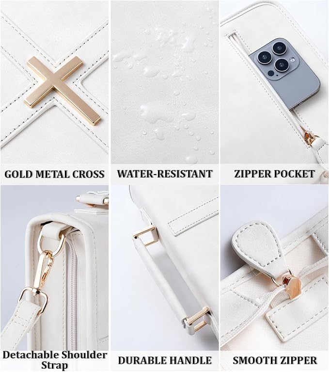 Vegan Leather Bible Cover Case, Bible Bag with Phone Pocket, Bible Case for Women, Christian Gift Box Packaging (White – with Strap)
