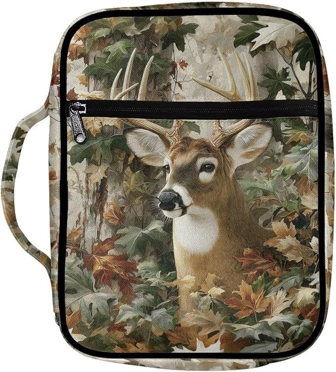 Suobstales Deer Hunting Camo Print Bible Covers for Women Men Lightweight Bible Bag Bible Accessories with Handle and Zippered Pocket Bible Tote Bag for Kids