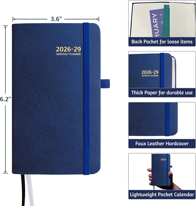 2026-2029 Pocket Monthly Planner, 3 Year Calendar 2026-2029, 6.2’’ x 3.6’’ x 0.67’’, Small Calendar 2026, 36 Months from Jul 2026 - Jun 2029, Hardcover, Back Pocket, Thick Paper, Lightweight to carry, Blue