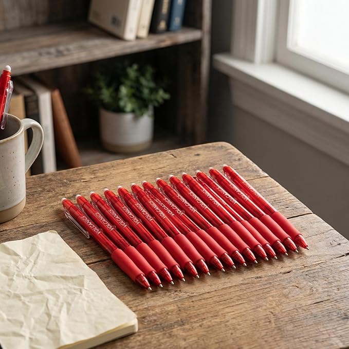 Volcanics Erasable Gel Pens Red Ink, 12 Pack Retractable Clicker Gel Ink Pen, 0.7mm,Fine Point Smooth Writing for Office Work Journaling