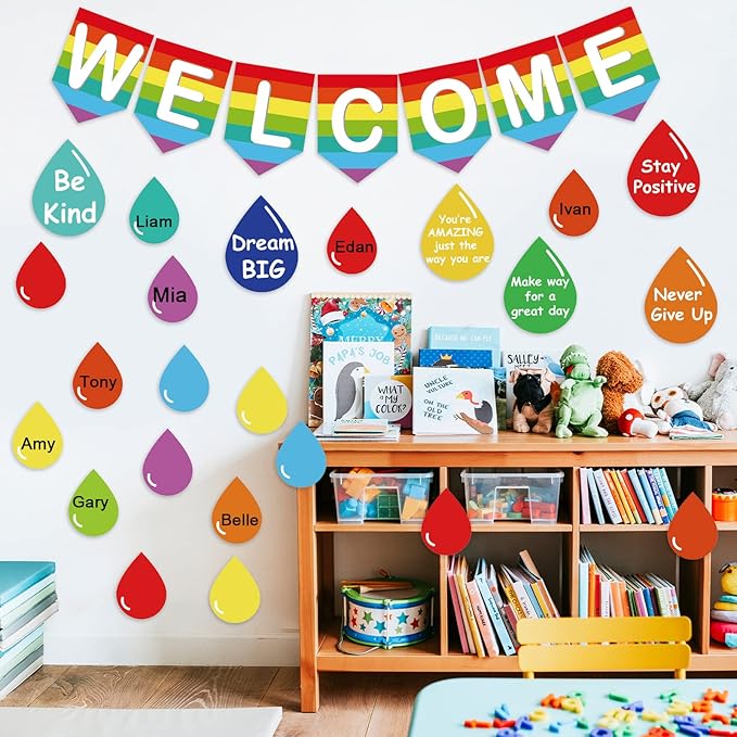 Back to School Bulletin Board Decorations First Day of School Bulletin Board Rainbow Welcome Back Banner Raindrop Motivational Cutouts Classroom Decor School Holiday Bulletin Board