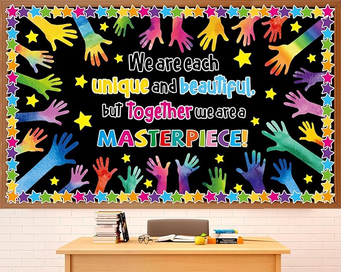 We are Each Unique Bulletin Board Set Summer Colorful Handprint Themed Classroom Decoration Back to School Bulletin Board Motivational Handprint Cutouts for Kindergarten School Chalkboard Wall Decor
