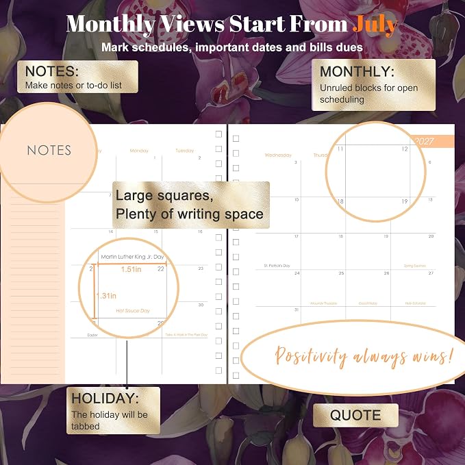 CAGIE 18 Month Planner July 2026 - December 2027, Academic Year Weekly & Monthly Planner with Tabs, 8.3 x 9.3 Floral Hardcover Organizer with 100GSM Thick Paper and Elastic Band for Women School Office