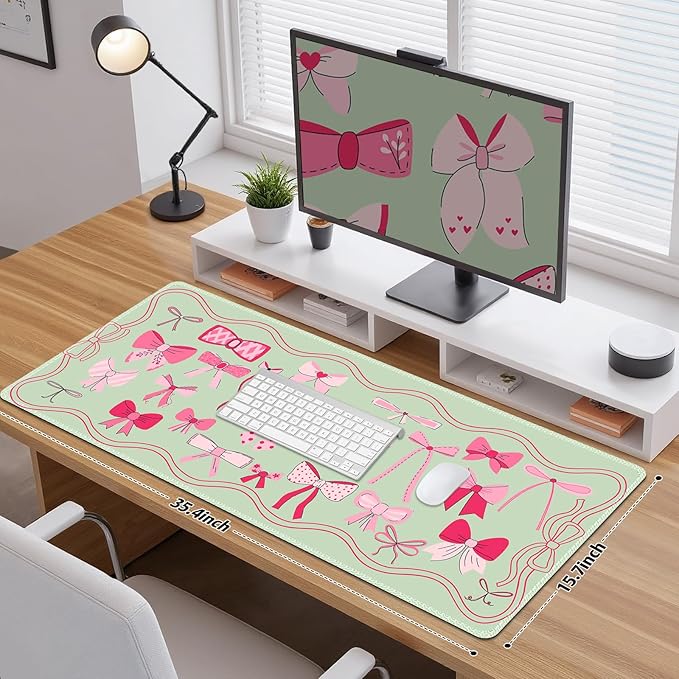 Desk Pad for Keyboard and Mouse, Large Mouse Pad for Desk, Non-Slip Keyboard Mat, Computer Mats for Desk, Desk Pad with Stitched Edges for Office, Gaming I Green Various Pink Bows