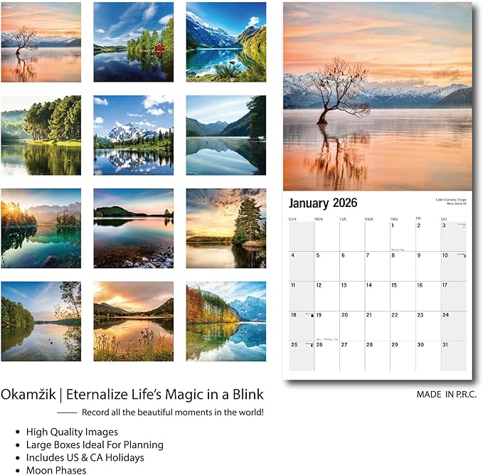 Wall Calendar 2026 Planner Calendar - LAKE Hangable Monthly Wall Calendar with Large Blocks for Organizing & Planning, Academic Schedule, Home, Office & family, Thick & Sturdy Paper (12"x24" Open)