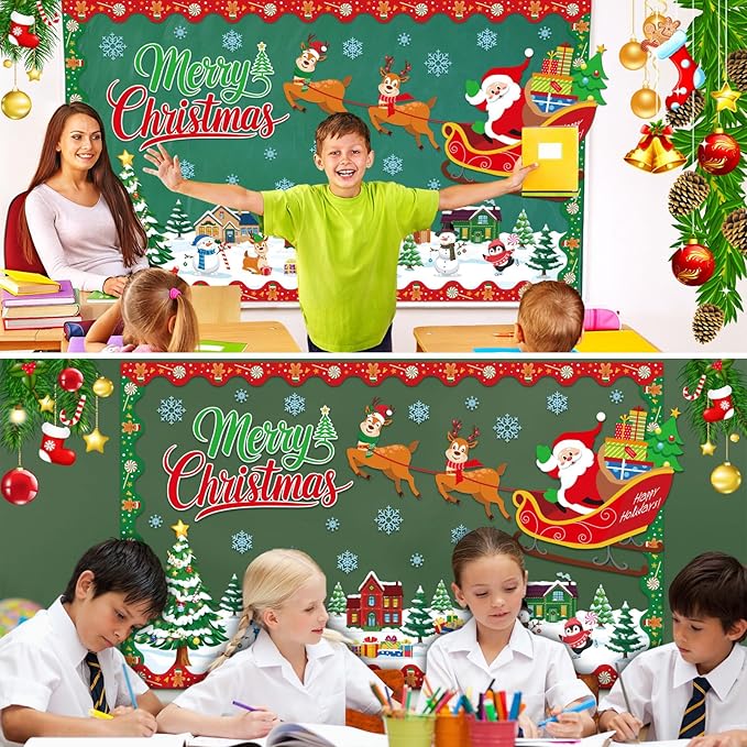 AmazingSpark 81 Pcs Christmas Bulletin Board Decorations with 300 Pcs Glue Points Santa Claus, Xmas Trees, Snowflakes, Gingerbread House Cutouts for School Classroom Wall Decoration