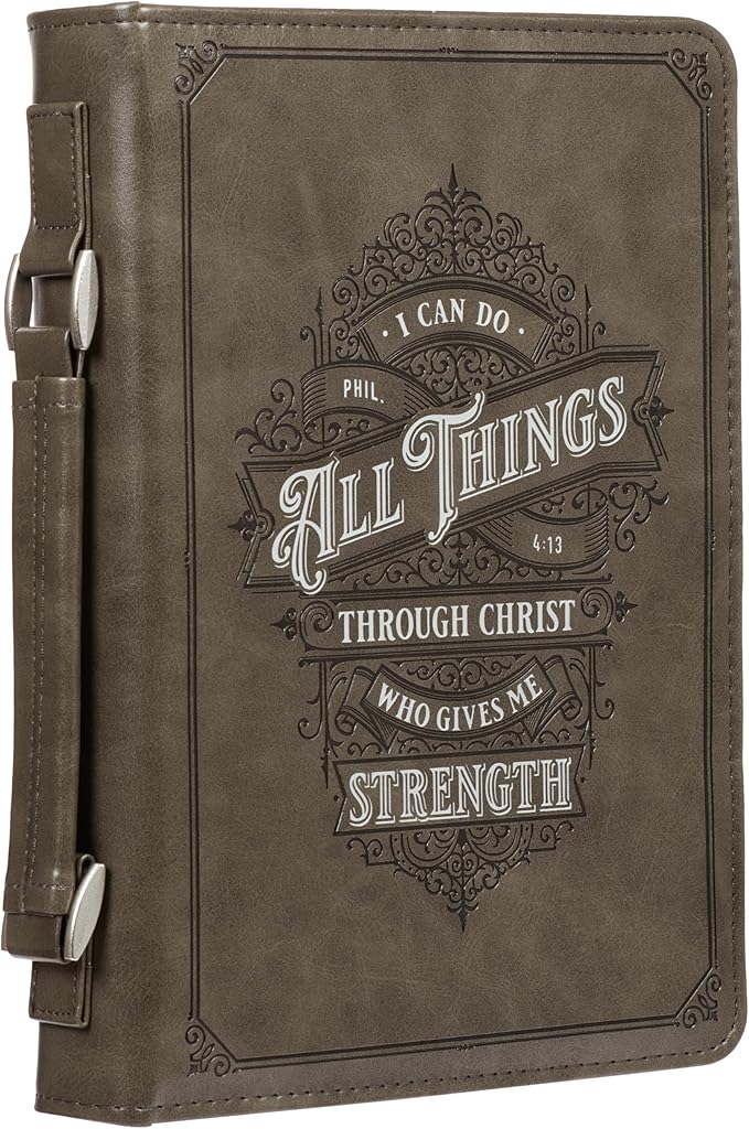 Christian Art Gifts Protective Gray Faux Leather Classic Bible Cover Carry Case: All Things Through Christ - Philippians 4:13 Bible Verse with Zipper and Pocket, Large