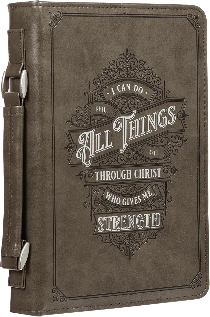 Christian Art Gifts Protective Gray Faux Leather Classic Bible Cover Carry Case: All Things Through Christ - Philippians 4:13 Bible Verse with Zipper and Pocket, Medium