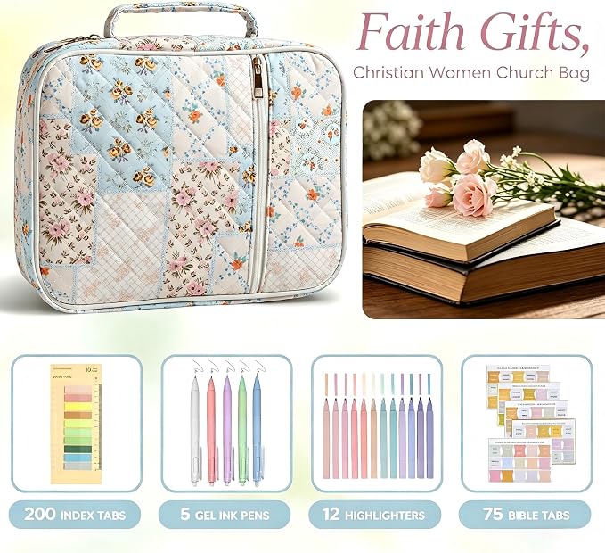 MATMO Bible Bag Cover Case for Women Bible Carrying Bag with Handles Bible Study Supplies & Accessories Christian Gifts for Women (Flower)