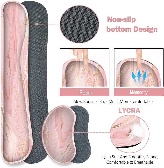 ARTSO Extended Gaming Mouse Pad Set, Keyboard Wrist Rest Support Pad + Wrist Cushion + XXL Large Mouse Pad + Coaster, Stitched Edge, Non-Slip, Memory Foam Desk Mat, Pink Gold Marble