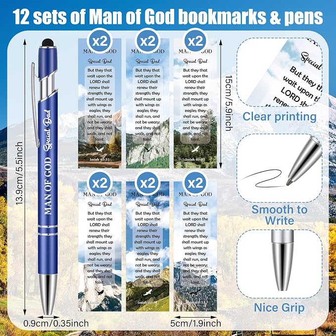 Dispowreath 24 Pcs/12 Sets Father's Day Christian Gift Man of God Bookmark Church Gift, Include 12 Isaish 40: 31 Bookmark 12 Bible Verse Ballpoint Pen for Men Church Prizes Party Favors