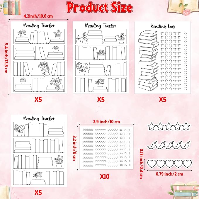 L1rabe Reading Tracker Bookmark Stickers - Back to School 20P Book Review 10P Self Stick Star Chili Heart Rating Stickers, Reading Challenge for Book Lovers Readers Students Bookish Gift for Bookworms