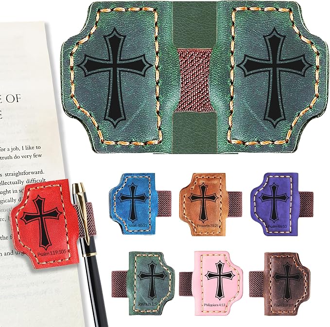 Personalized Magnetic Bookmark with Pen Holder, Bible Verse Scripture Design, Custom Leather Bookmark Bible Study Supplies for Women Men, Christian, Book Lovers Gifts (Green, Cross)