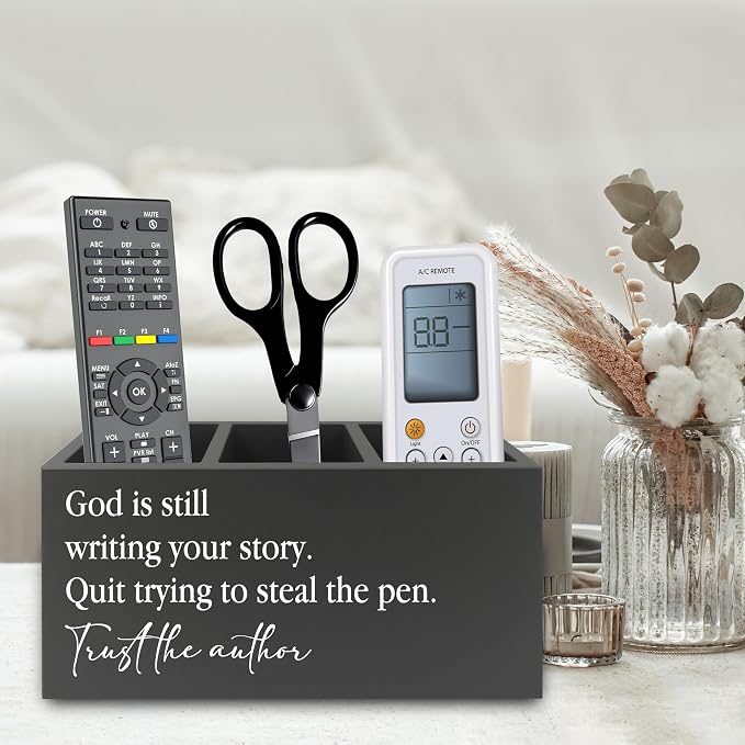 Christian Inspirational Pen Pencil Holder Organizer for Desk, God Is Still Writing Your Story Bible Verse Religious Black Wooden Box Sign for Office Home Desk Tabletop Decorations