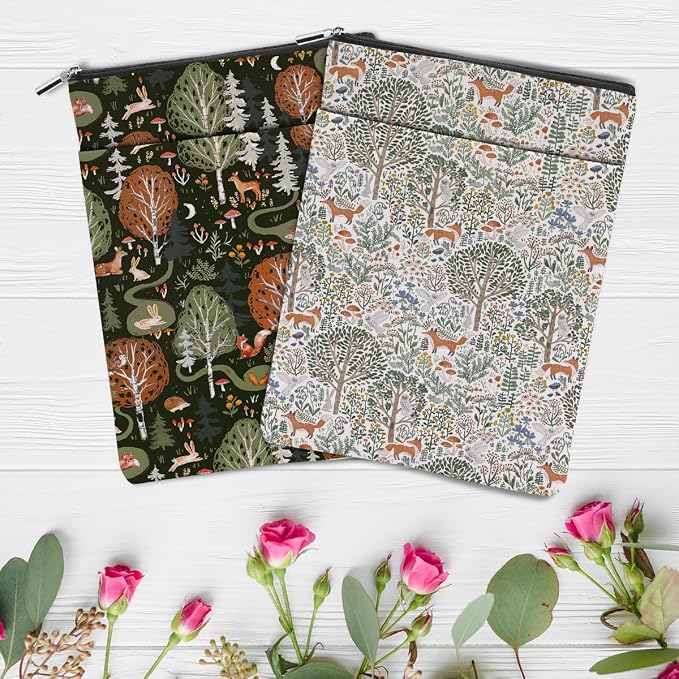 2 Pieces Forest Fox Deer Flower Botanical Floral Book Sleeve - Washable Covers for Hardcover Reading Accessories - Book Lovers Club Gifts for Women Girls Best Friend Aunt