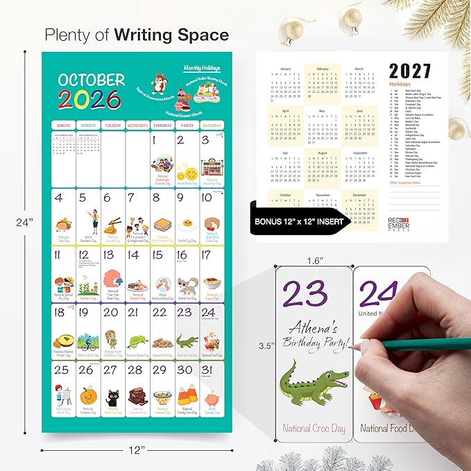 RED EMBER Select - Every Day's an Amazing Holiday 2026 Wall Calendar 12 Month | 12" x 24" Open | Thick & Sturdy Paper | Holiday Gift | Kids Calendar 2026