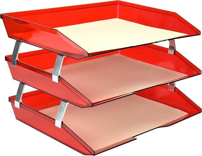 Acrimet Facility 3 Tier Letter Tray, Side Load, Letter Size/A4, Desktop File Organizer, Plastic (Clear Red Color)