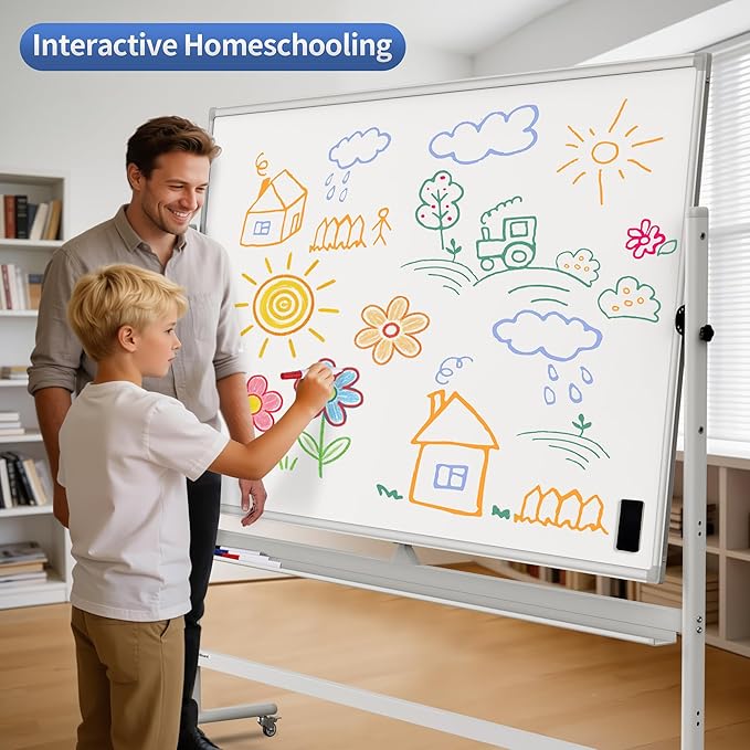 Large Double Sided Whiteboard 72x40 inches on Wheels, Height Adjustable Mobile Magnetic Dry Erase Board with Rolling Stand for Office Meetings, Classroom Teaching, Home, Silver Frame