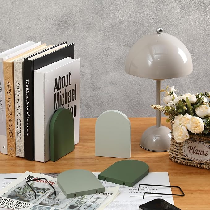 Honoson 4 Pcs Boho Wood Bookends Back to School Sage Green Wooden Book Stands Decorative Non Skid Book Stoppers for Books Cds Videos Albums Office Desktop Shelves(Green)