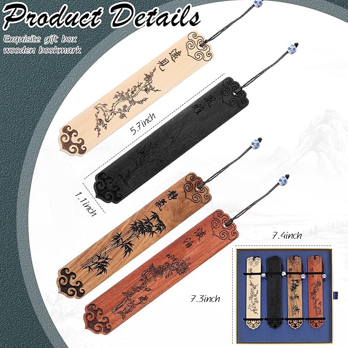 Outus 4 Pieces Wooden Bookmarks for Men Women Employee Father's Day Appreciation Gifts for Men Back to School Gifts Vintage Handmade Natural Carving for Book Lovers Birthday(Vintage Style)